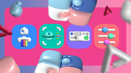 3D illustration of four Samsung Good Lock app icons—Home Up, Nice Shot, NotiStar, and Sound Assistant—arranged horizontally on a pink background with floating abstract shapes.