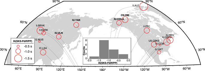 Fig. 4: Measurements of δt(SKS–Pdiff/PP) for teleseismic stations in the Northern Hemisphere.