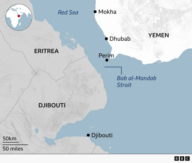 A map of the southern tip of the Red Sea, showing the coastlines of Yemen, Djibouti and Eritrea with Perim island labelled in the cetnre of the Bab al-Mandeb Strait, which leads from the Red Sea into the Indian Ocean