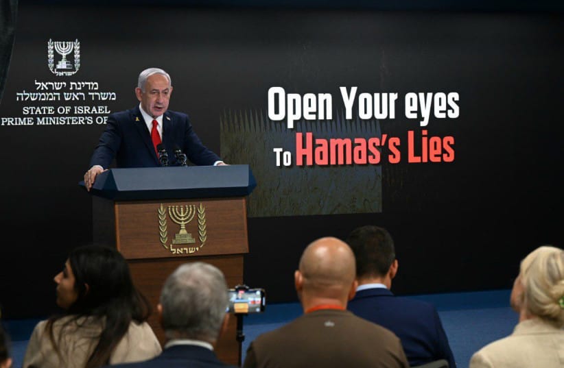 Prime Minister Benjamin Netanyahu speaks to international media on the Gaza war, in Jerusalem, August 10, 2025