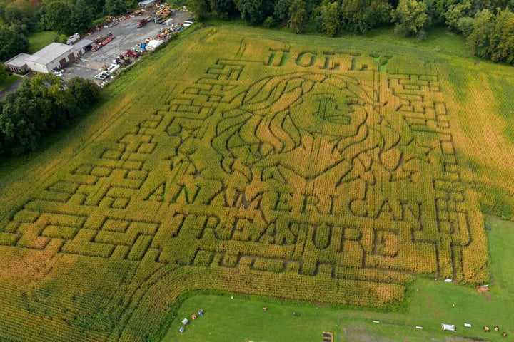 A portrait of Dolly Parton fills a 5-acre corn maze at Twins BBQ Co. in Brookfield, Conn.