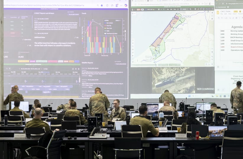 US Army personnel, IDF personnel, and other international officials monitor screens displaying maps and imagery of the Gaza Strip inside the Civil-Military Coordination Center (CMCC) in November in Kiryat Gat. 
