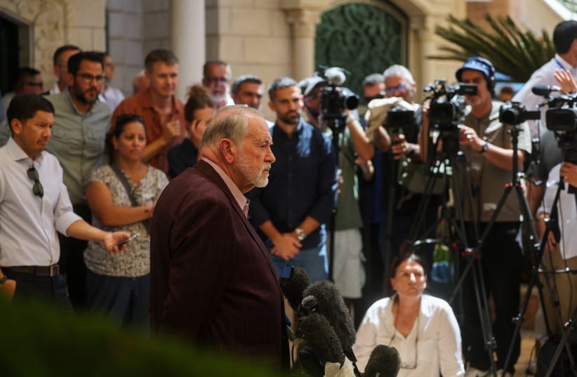 US Ambassador to Israel Mike Huckabee during a press conference after he met residents of Turmus Ayya, a Palestinian town near Ramallah in the West Bank, September 5, 2026.