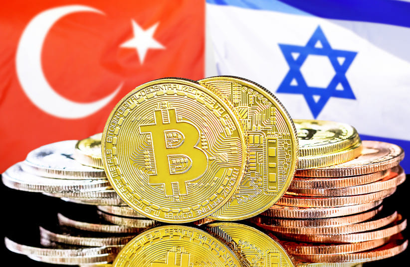 Turkish and Israeli flags with bitcoins. Ilustrative.