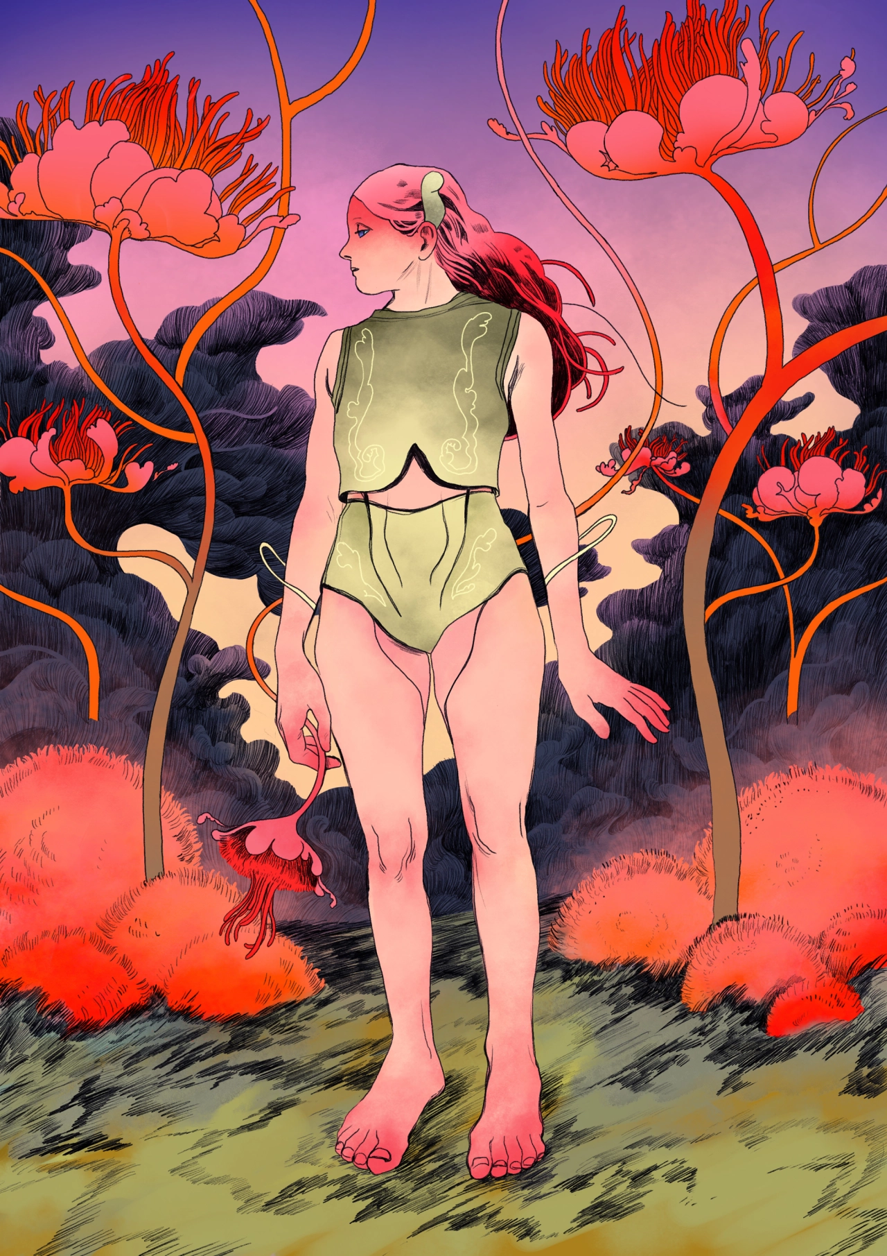 Woman in pale green swimsuit standing barefoot among surreal red and orange flowering plants against a purple and pink sky in an illustration titled The Gardener