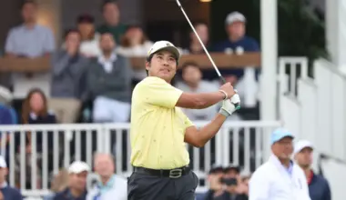 Hideki Matsuyama teeing off on the 16th hole during the second round of the Presidents Cup.