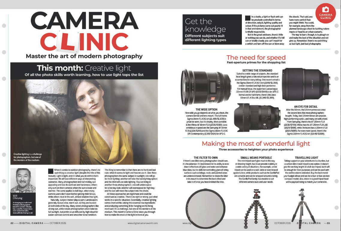 Image showing the first two pages of the Camera Clinic article in issue 312 (October 2026) of Digital Camera magazine, a 10-page masterclass on creative light and how to use it