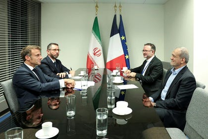 Iran's President Masoud Pezeshkian meets with France's President Emmanuel Macron in New York City, U.S.,Tuesday. Credit: Iran's Presidency/WANA/ REUTERS Iran's President Masoud Pezeshkian meets with France's President Emmanuel Macron in New York City, U.S.,Tuesday.