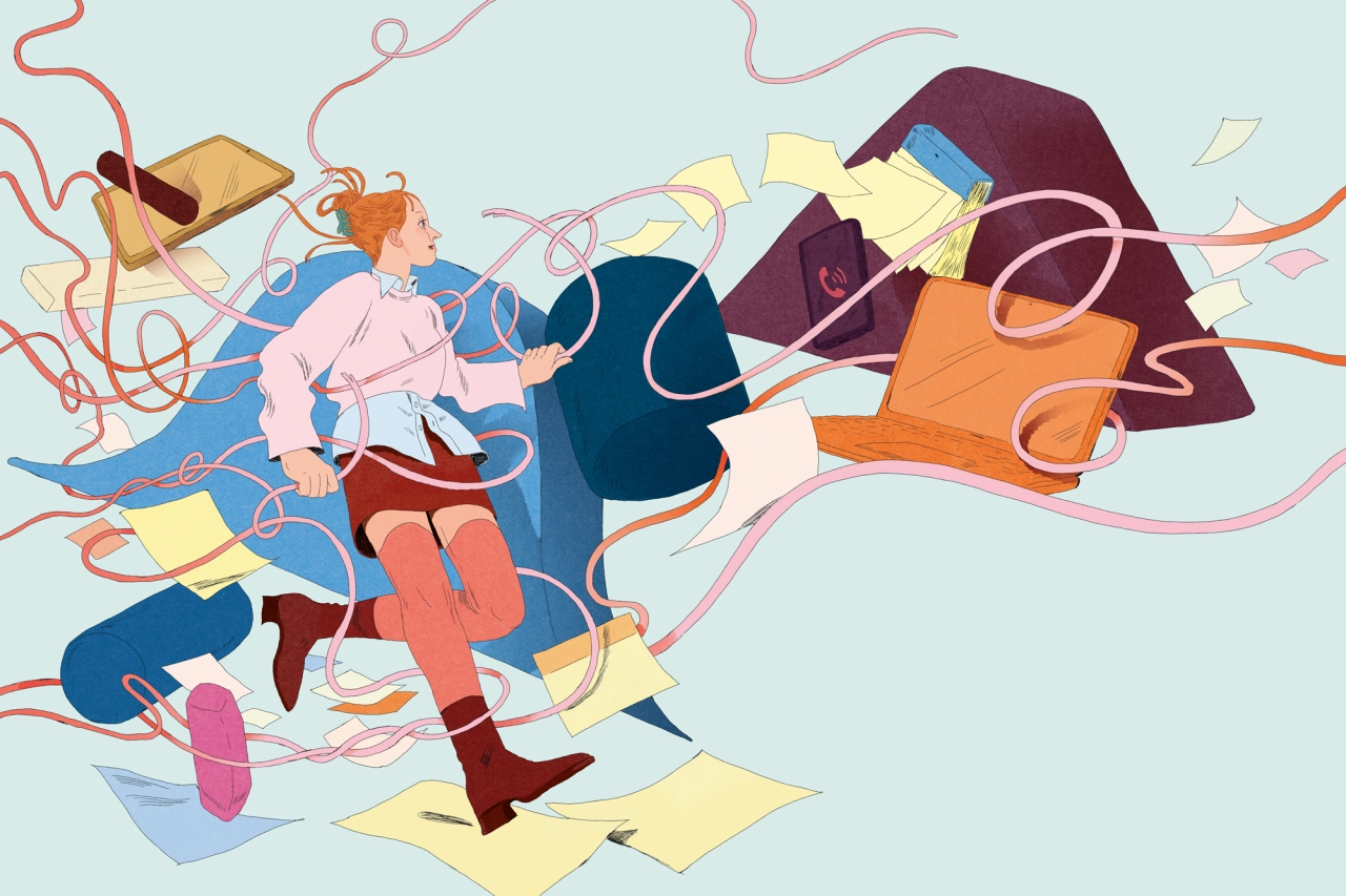 Figures surrounded by flowing ribbons and scattered papers in dynamic motion against a pale blue background, illustrating the chaos of procrastination