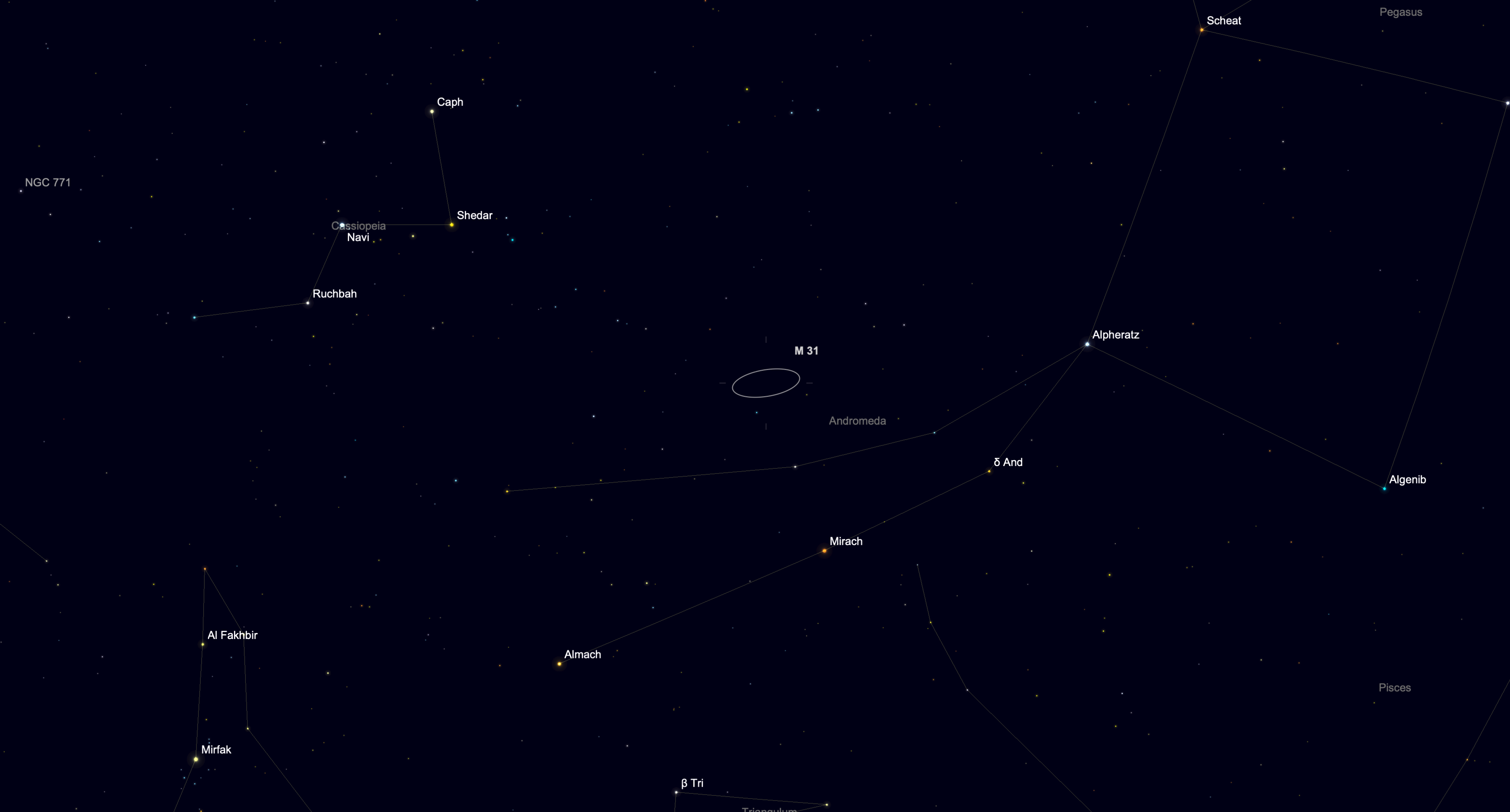 Star chart showing the location of the Andromeda Galaxy (M31) in the constellation Andromeda on Sept. 1, 2026.