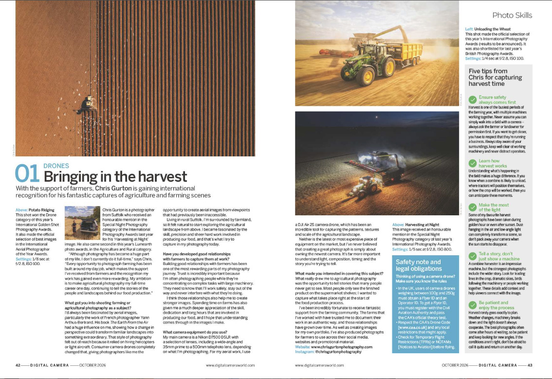 Image showing the first two pages of a Photo Skills project in issue 312 (October 2026) of Digital Camera magazine, how to photograph harvest time with a camera drone