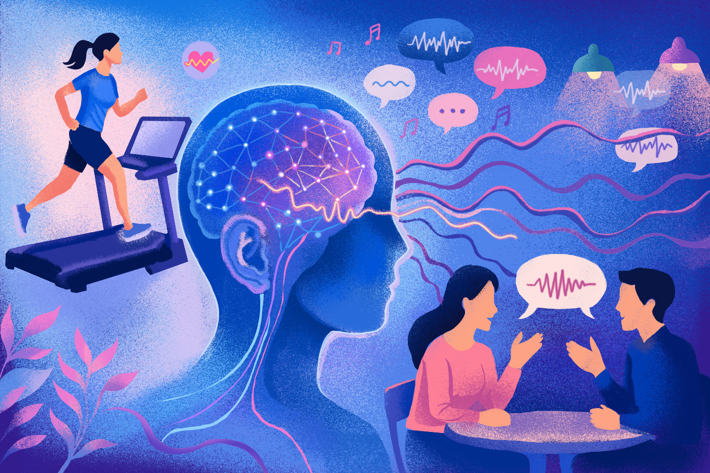Illustration of a woman running on a treadmill connected by sound waves to a brain, which processes overlapping speech bubbles and a conversation between two people at a table.