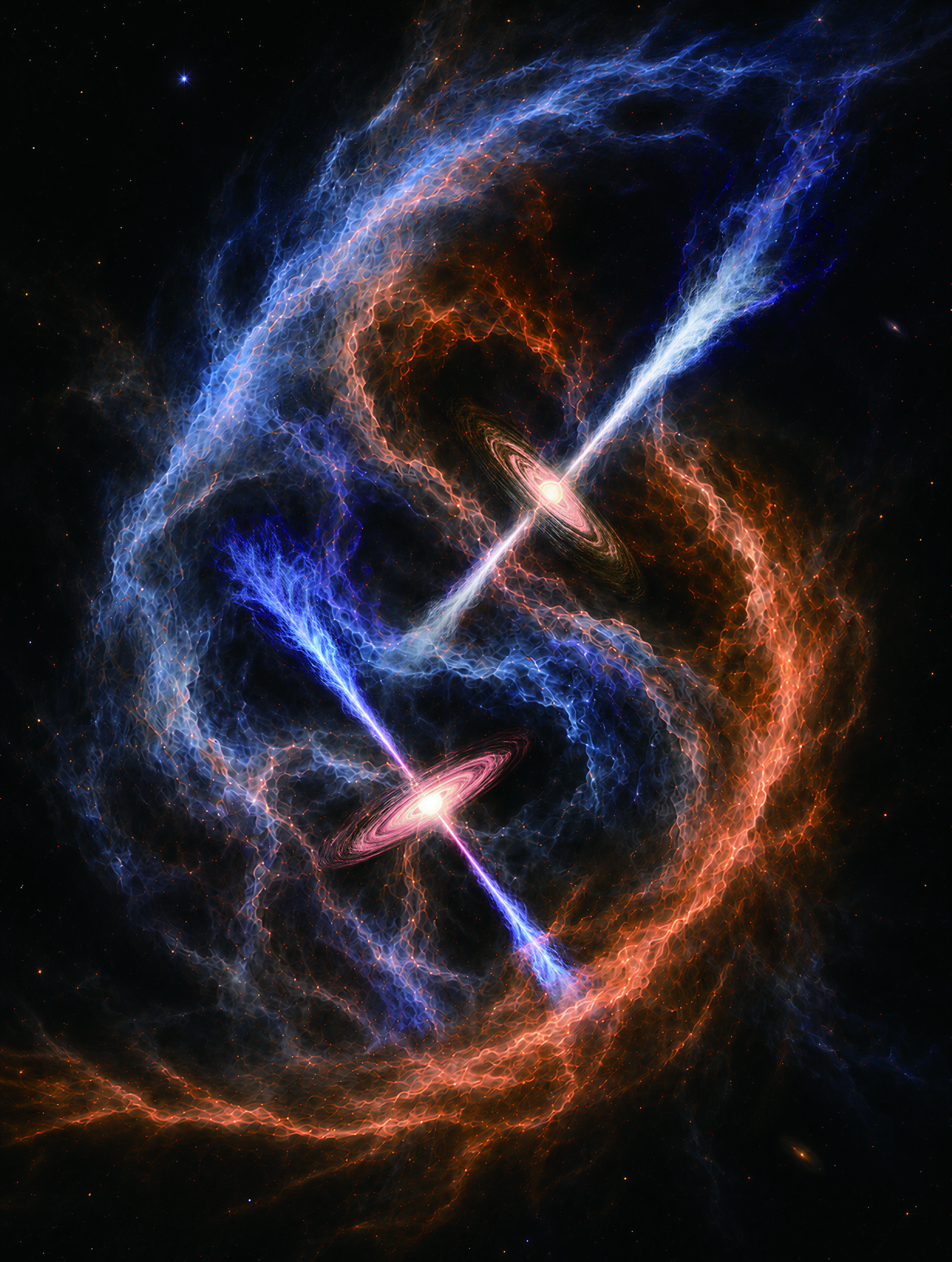 two orange disks with blue jets streaming from their centers