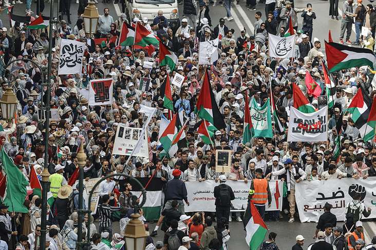 Moroccan protesters waving Palestinian flags rally against Israel's approval of a death penalty bill, in Rabat on April 19, 2026. (Photo by Abdel Majid BZIOUAT / AFP via Getty Images)