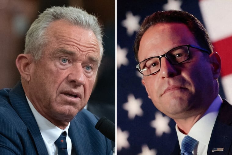 Health Secretary Robert F. Kennedy Jr., left, and Pennsylvania Gov. Josh Shapiro are at odds over two measles-related deaths reported by the state.