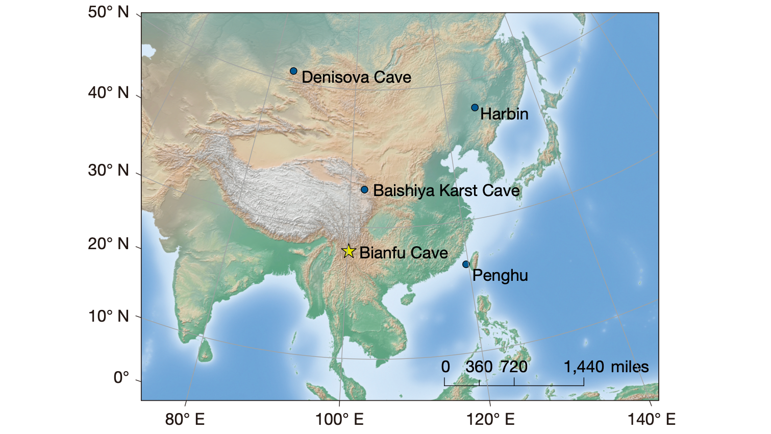a map of Asia showing the location of Bianfu Cave in China