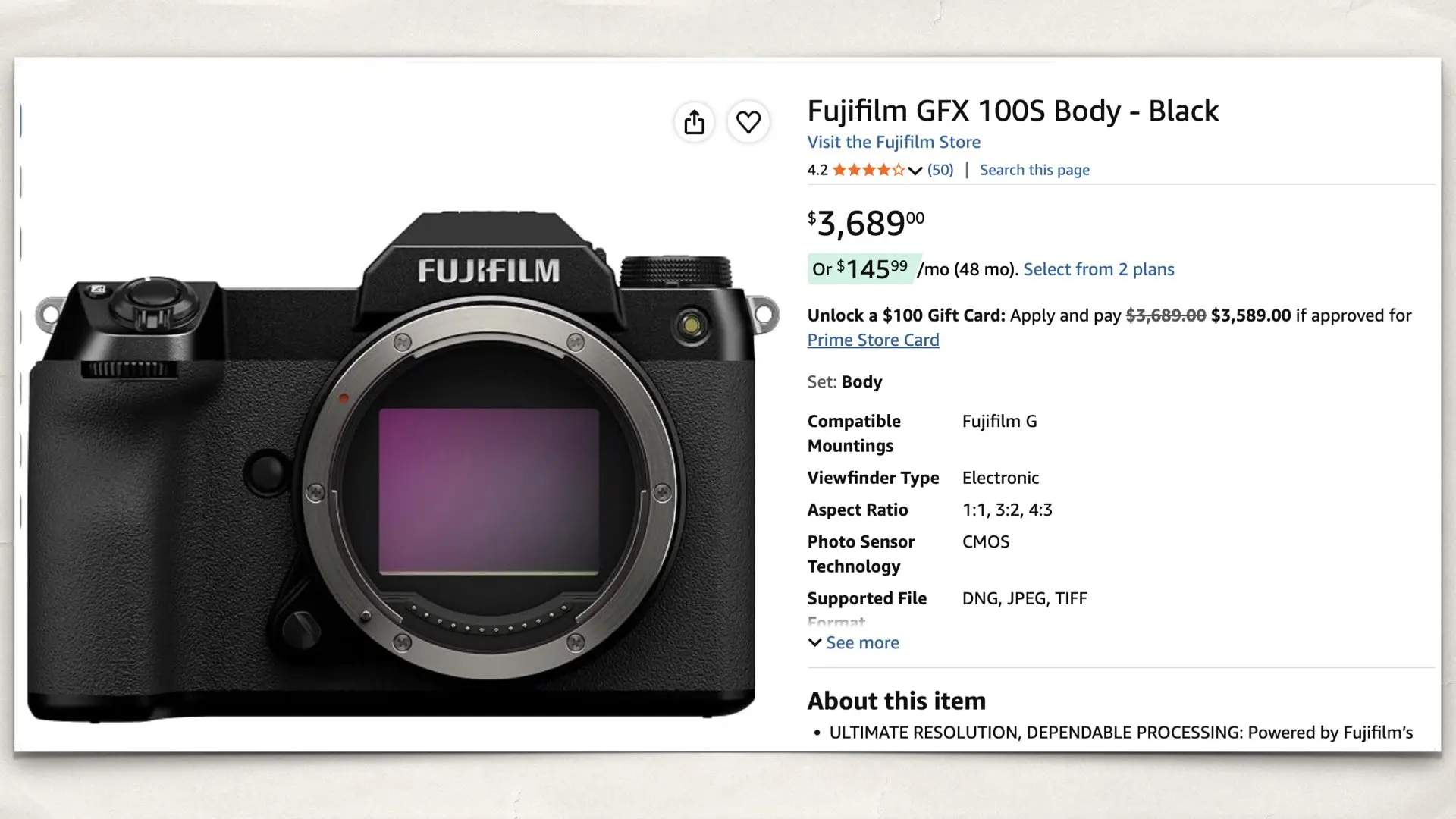 Fujifilm GFX 100S on Amazon