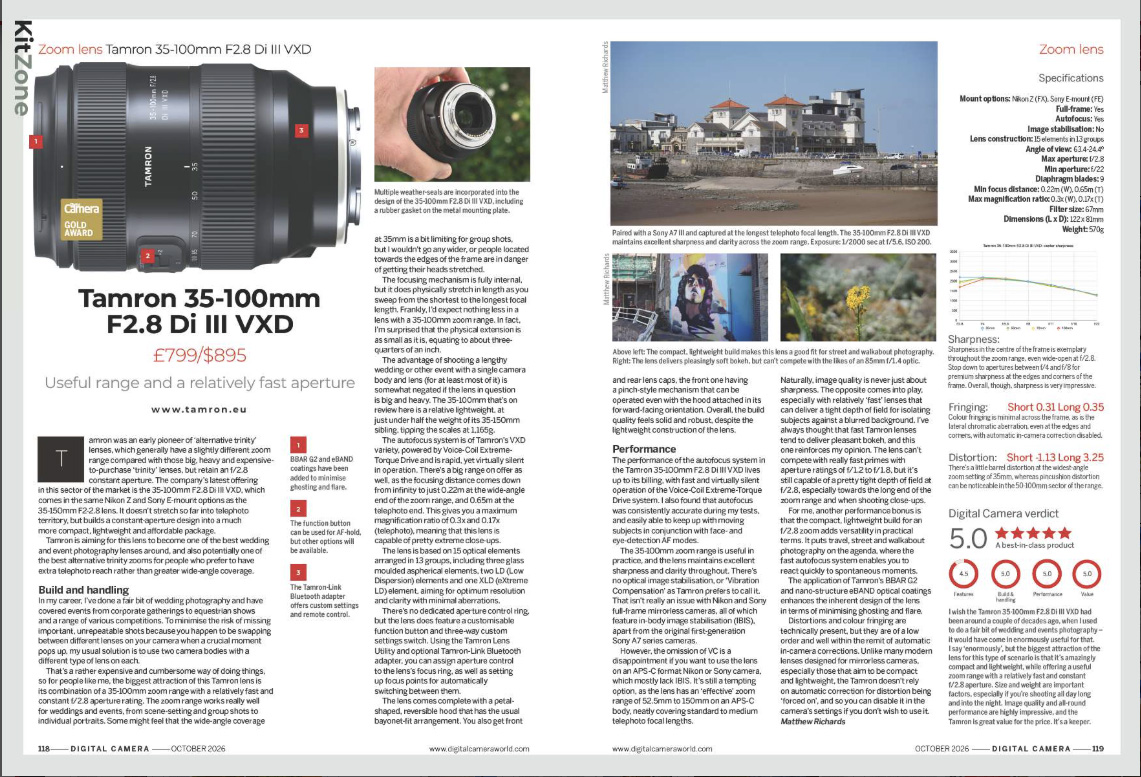 Image showing the two pages of the Tamron 35-100mm F2.8 Di III VX lens review, in issue 312 (October 2026) of Digital Camera magazine