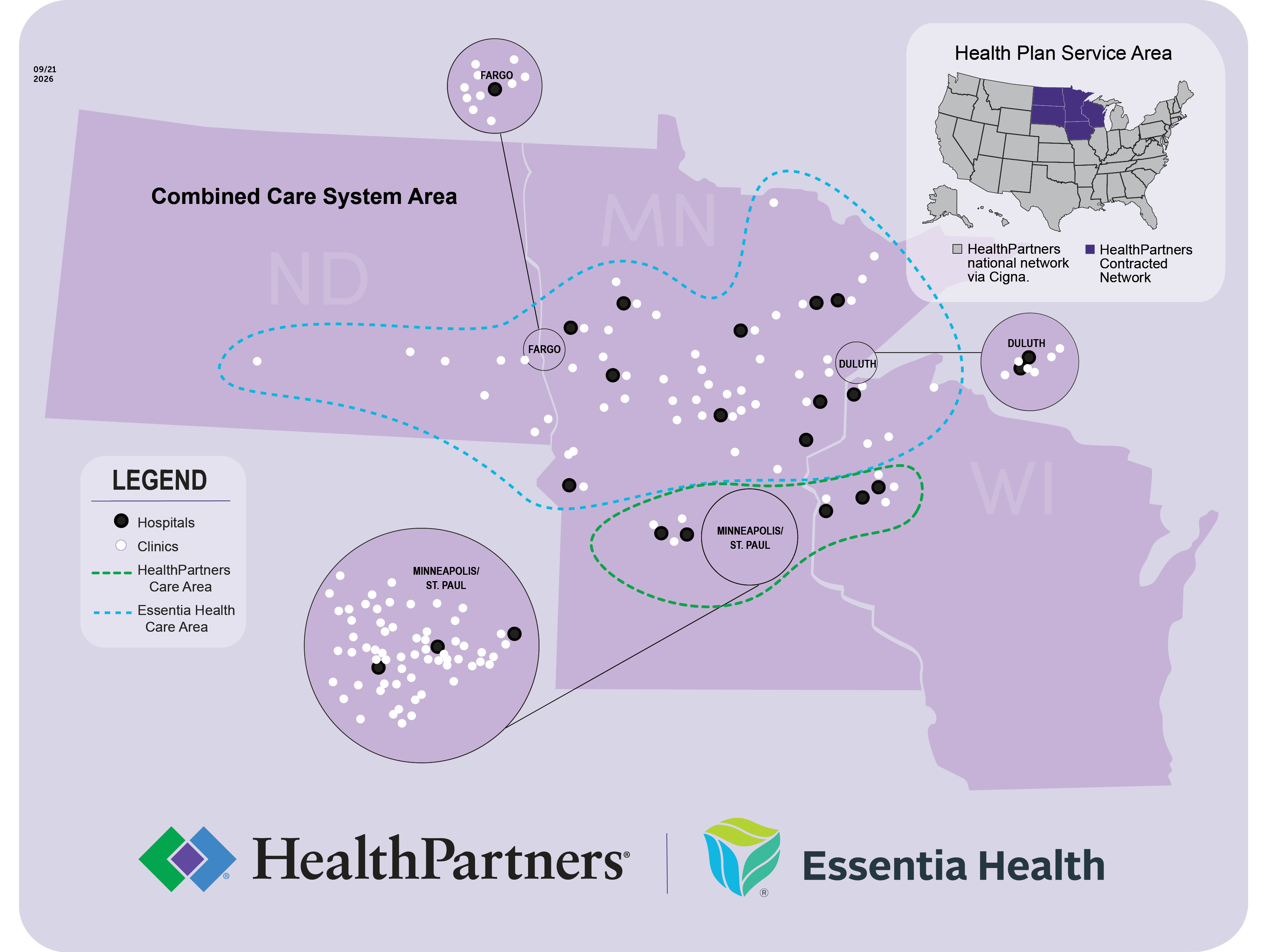 map of North Dakota, Minnesota and Wisconsin showing health system coverage for HealthPartners and Essentia Health