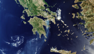 Smoke plume from Greek wildfires seen by Sentinel-3