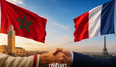 A graphic showing the Moroccan and French flags above Casablanca and Paris, with two hands shaking to symbolize cooperation between the two countries, by MWN Design Team.