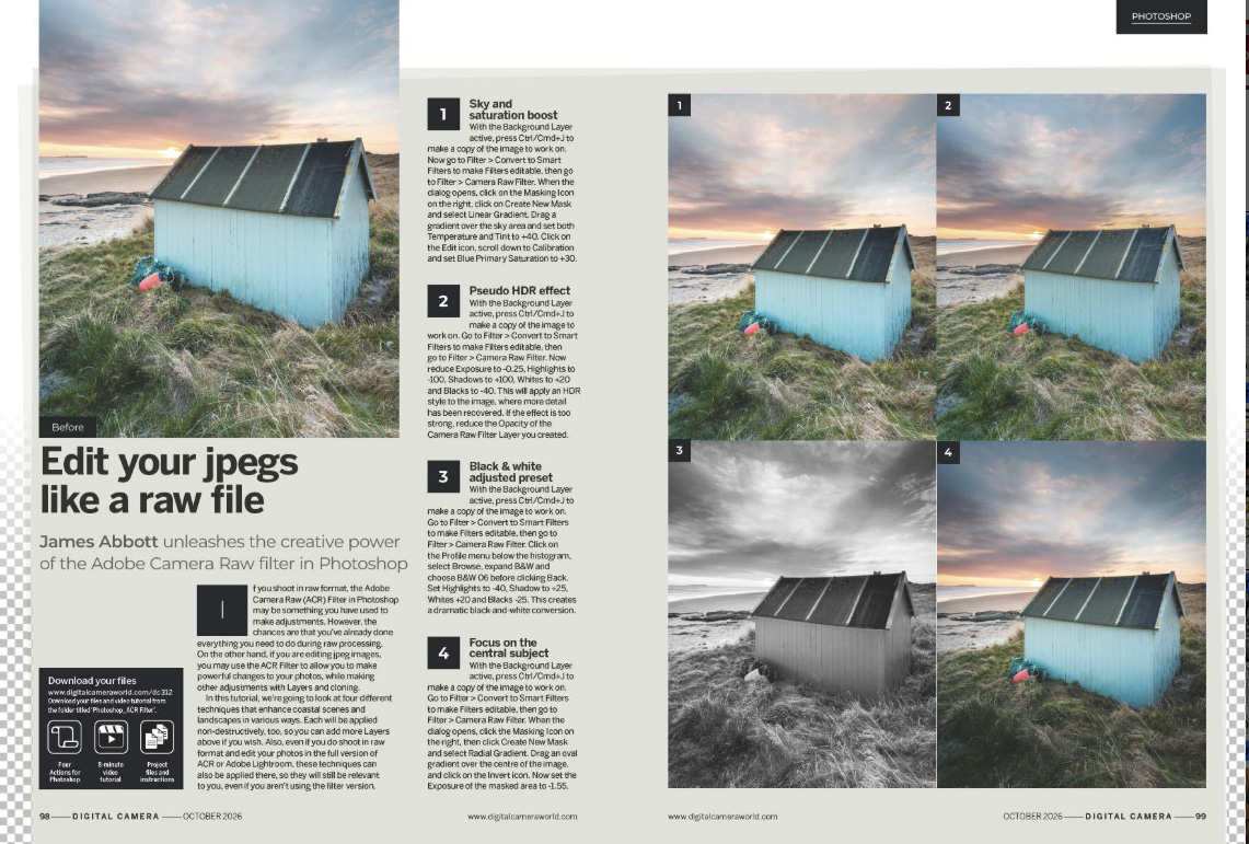 Image showing the Get the Look tutorial in issue 312 (October 2026) of Digital Camera magazine, showing how to unleash the creative power of the Adobe Camera Raw filter in Photoshop