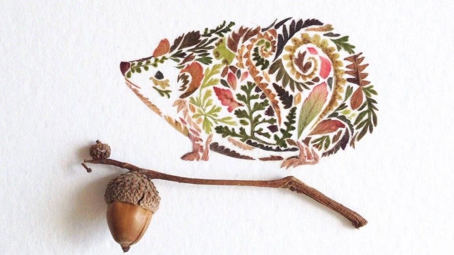 A hedgehog illustration made entirely from pressed autumn leaves and ferns in browns, ochres and greens, positioned beside a real acorn and oak twig.