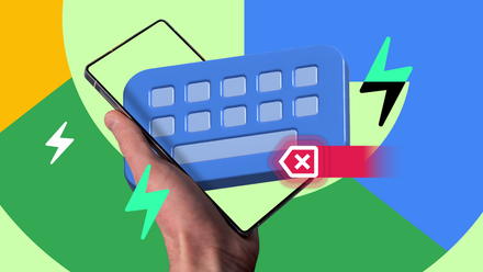 A hand holding a smartphone with a floating 3D Gboard icon, highlighting a red backspace-swipe gesture.