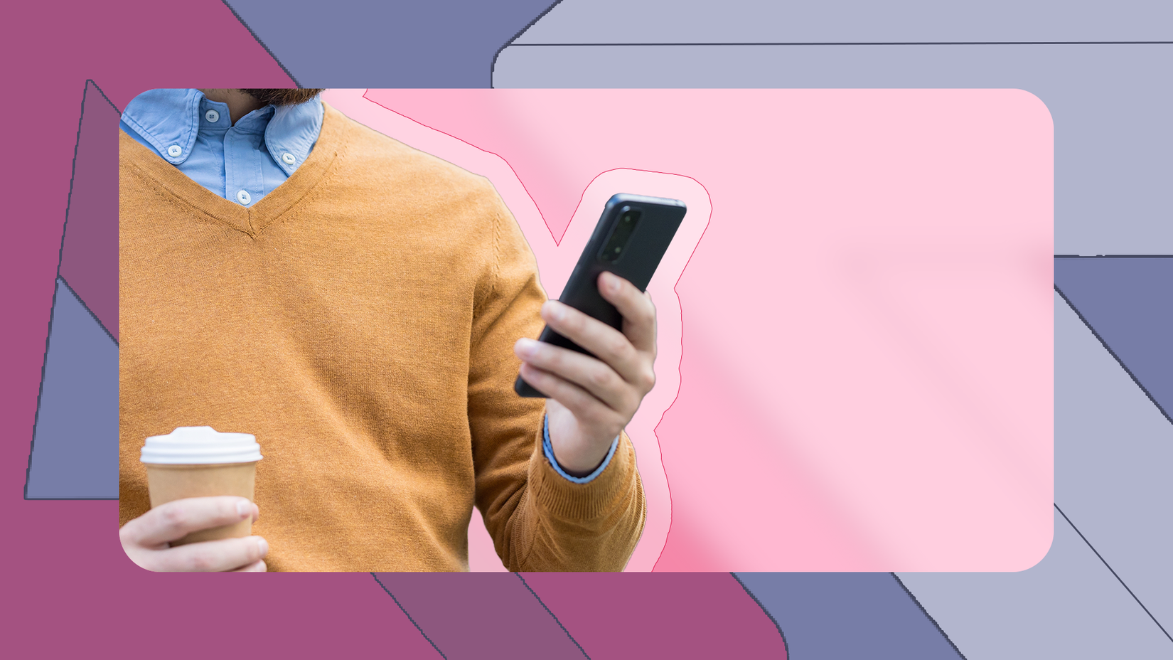 A man holding a smartphone on a pink and purple geometric background