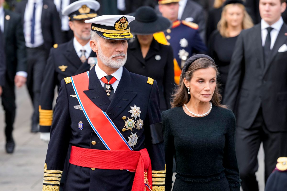 Spain's King Felipe and Queen Letizia arrive at the church during the state funeral for late King Harald V