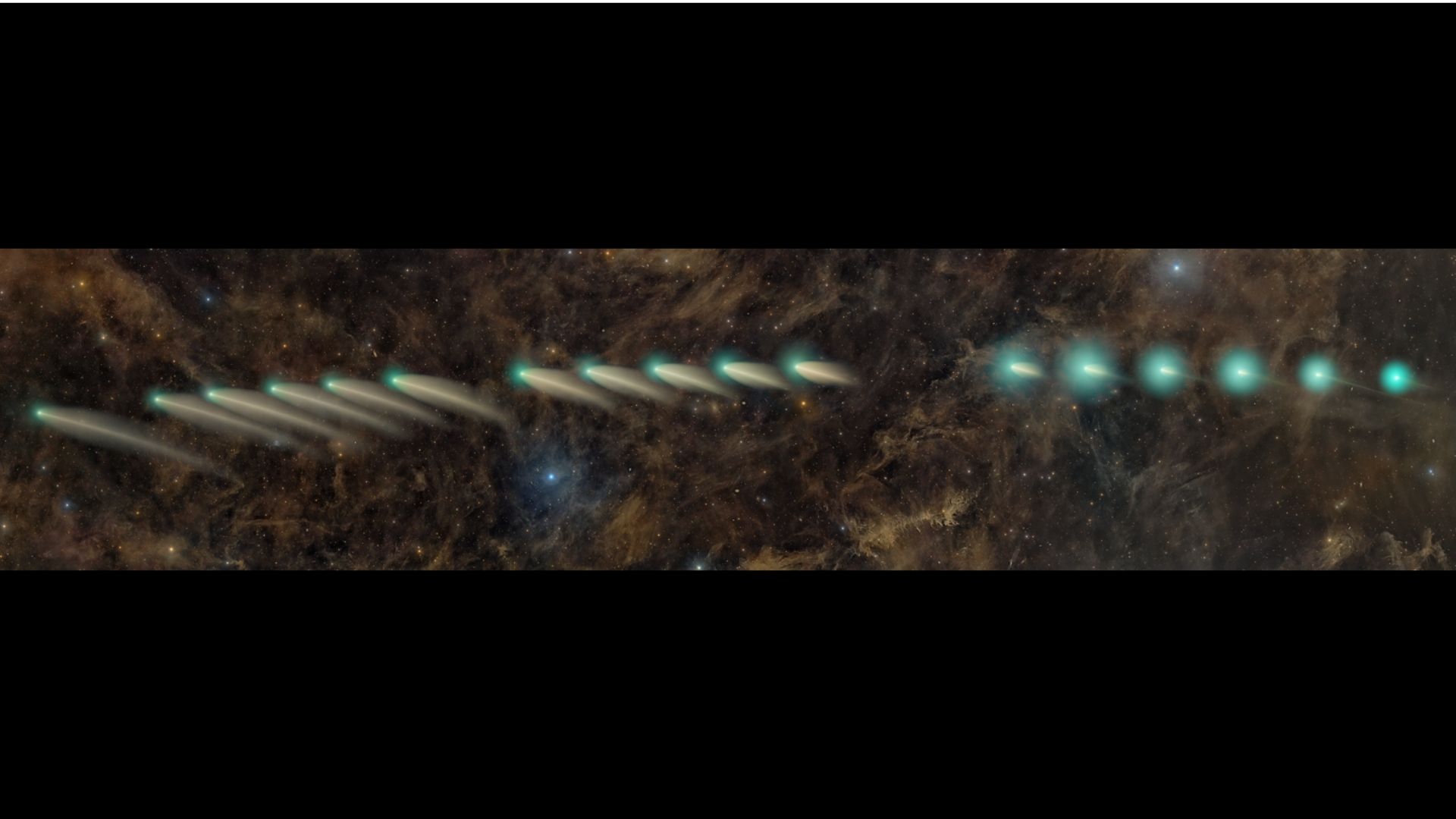 A mosaic showing a comet's movement through a cloud of interstellar dust and gas as its coma and tail evolved in the wake of an outburst.