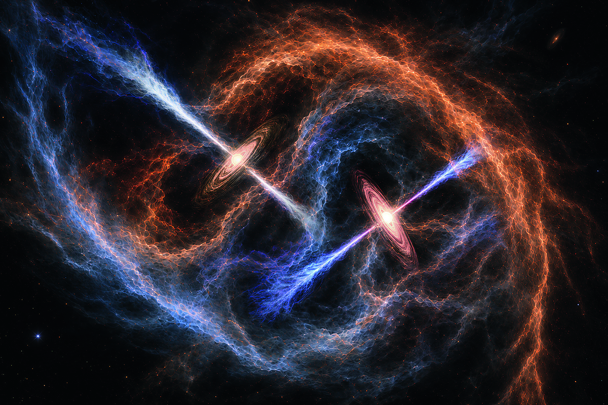 Artist’s impression of the formation of a close massive binary system, showing misaligned disks around two young stars. Credit: Y. Zhang