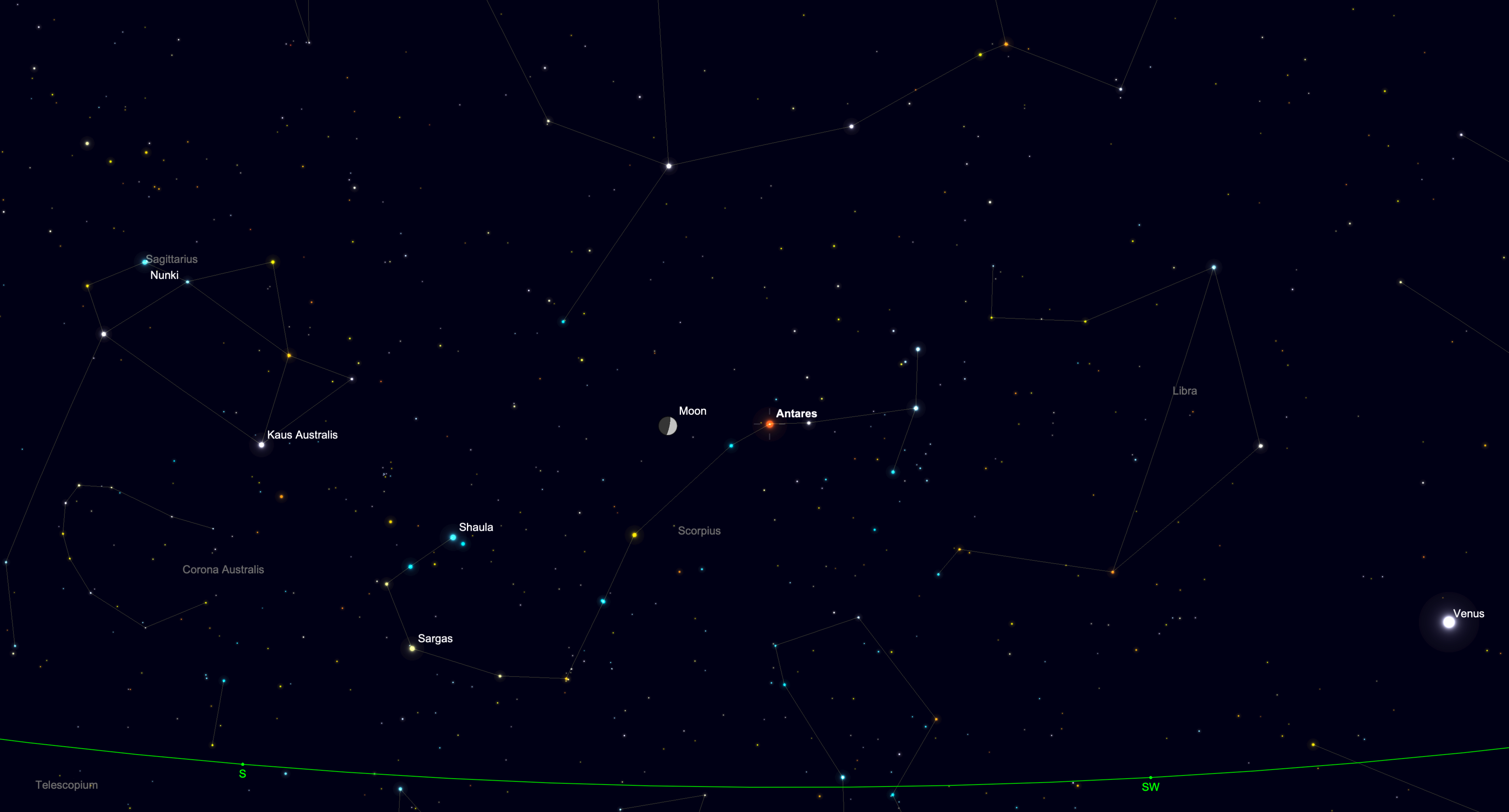 Star chart showing the waxing moon near Antares in the constellation Scorpius on Sept. 17, 2026.