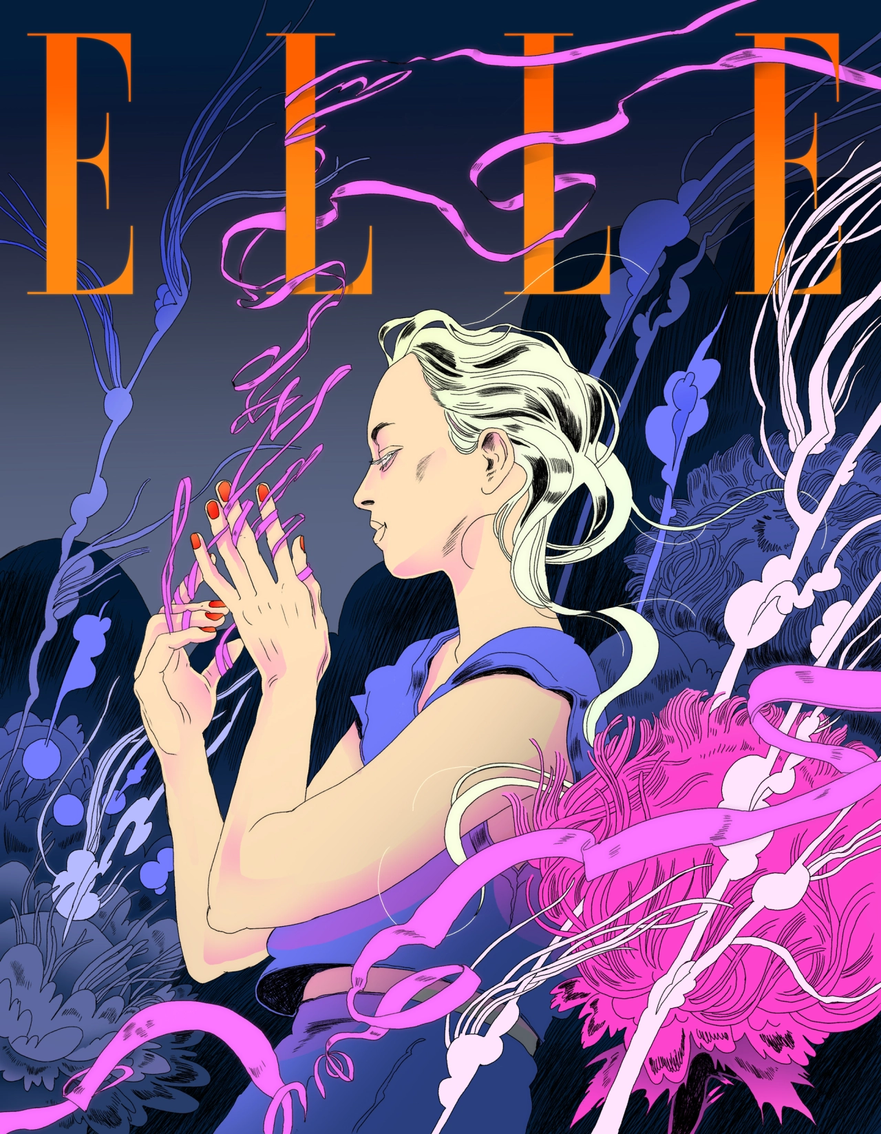 Thomke Meyer's illustration of a woman in profile with flowing blonde hair surrounded by pink and blue organic, vine-like forms against a dark background, with Elle magazine masthead in orange letters above
