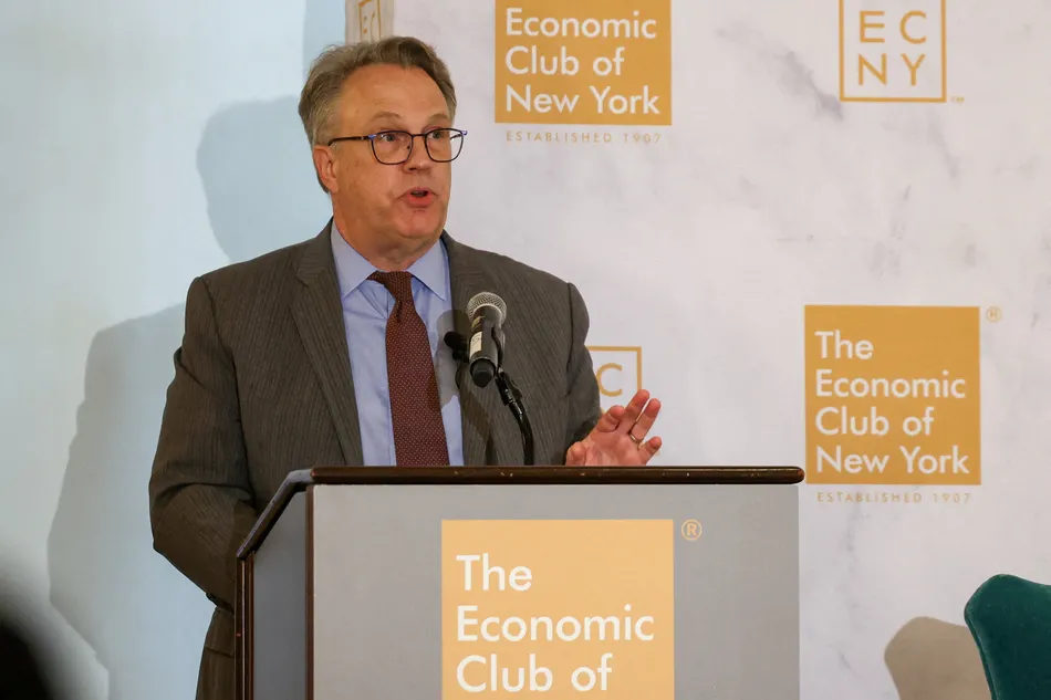 FILE PHOTO: New York Federal Reserve President John C. Williams speaks to the Economic Club of New York in New York City, U.S., September 4, 2025. REUTERS/Kylie Cooper.