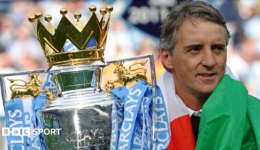 Manchester City manager Roberto Mancini with the Premier League trophy