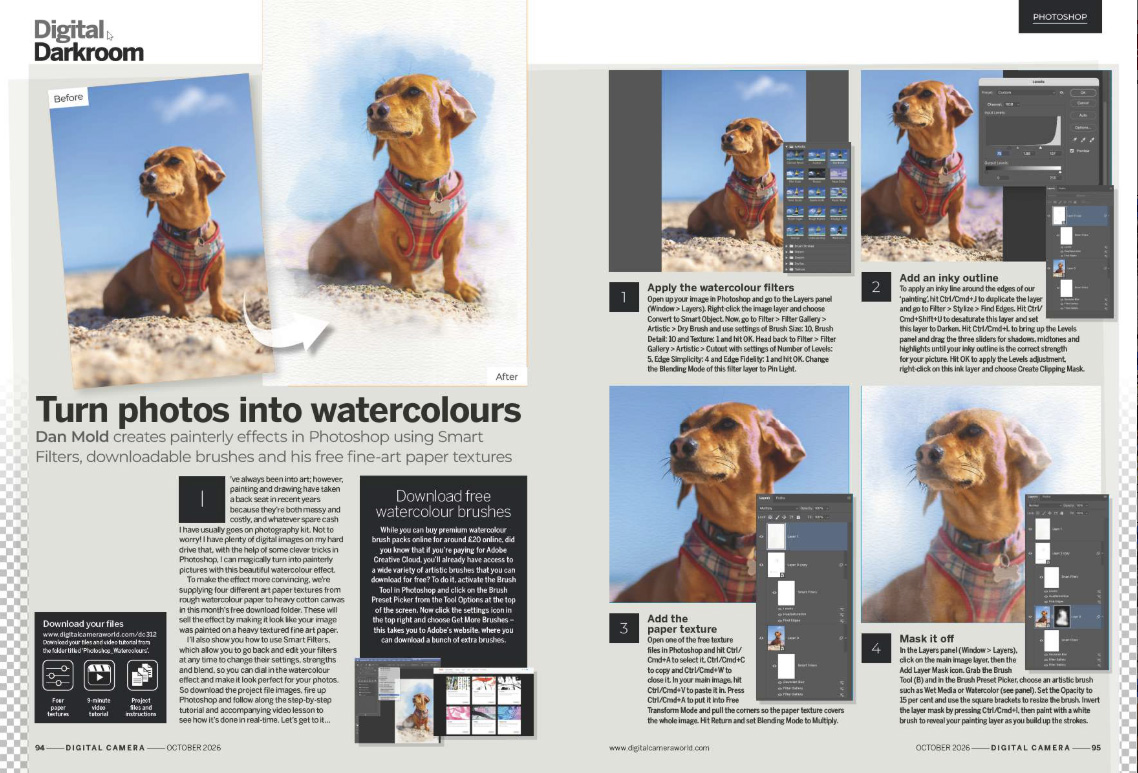 Image showing the Essentials tutorial in issue 312 (October 2026) of Digital Camera magazine, showing how to turn photographs into artworks that look like watercolour paintings