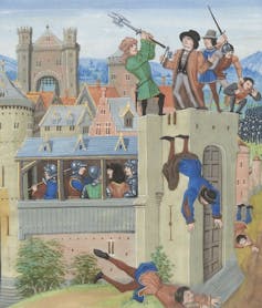 A colorful medieval-style illustration showing armed rebels attacking a fortified gate. Atop the wall, a man in green raises a polearm while several armed men surround a richly dressed figure in red and blue.