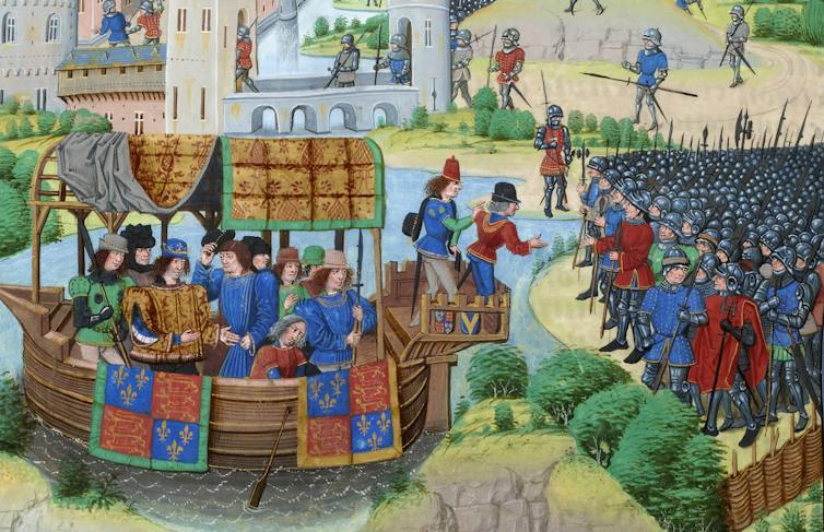 A colorful painting of a boat filled with royal representatives docking in order to meet with a crowd of armed men.