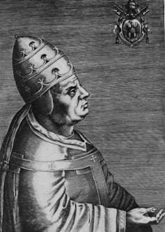 Black-and-white engraving of an older, stern man wearing a robe and a tall, pontifical crown.
