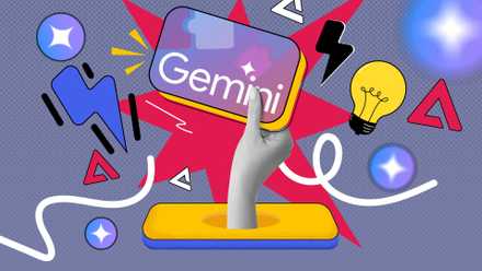Hand coming out of a phone holding a Gemini card, with icons of lightning, sparkles, and a light bulb around it