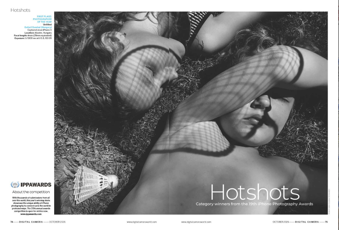 Image showing the first two pages of the Hotshots gallery in issue 312 (October 2026) of Digital Camera magazine, showcasing category winners from the 19th iPhone Photography Awards