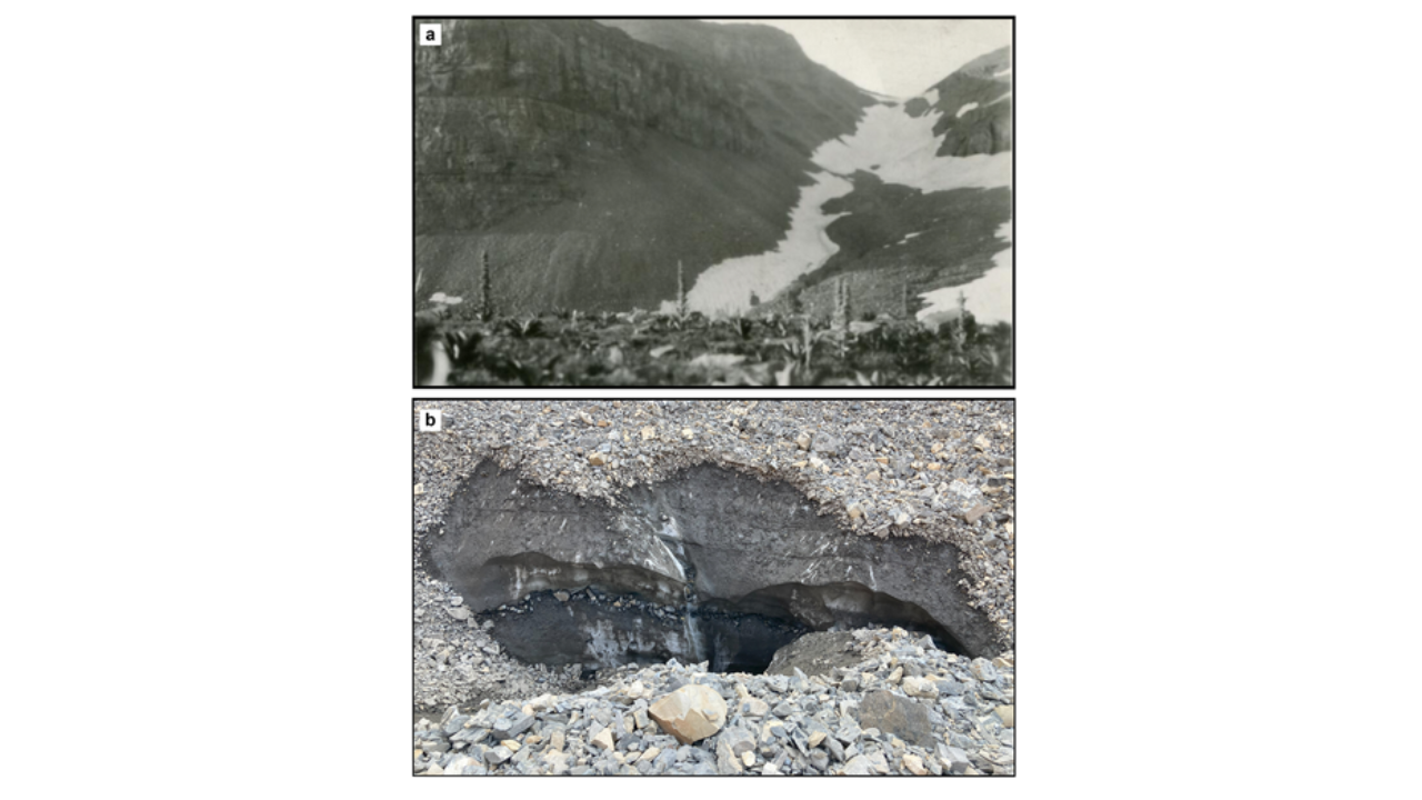 Images of Timpanogos Rock Glacier. (a) Photo of Timpanogos Rock Glacier on 1 August 1925, showing the rock glacier (right side of the frame) flanked by seasonal snow (University of Utah Photo Archives)(b) Image of a moulin-like feature on the upper portion of Timpanogos Rock Glacier, with layers of firn separated by thin debris layers. We expect that the firn transitions to ice at depth. (Image: University of Utah Photo Archives) Images of Timpanogos Rock Glacier. (a) Photo of Timpanogos Rock Glacier on 1 August 1925, showing the rock glacier (right side of the frame) flanked by seasonal snow (University of Utah Photo Archives)(b) Image of a moulin-like feature on the upper portion of Timpanogos Rock Glacier, with layers of firn separated by thin debris layers. We expect that the firn transitions to ice at depth.(Image: University of Utah Photo Archives)
