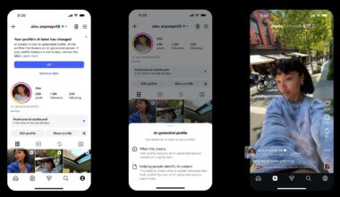 Three screen shots from Instagram showing the process of labeling an account as AI-generated.