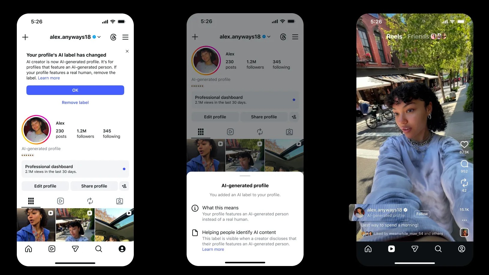 Three screen shots from Instagram showing the process of labeling an account as AI-generated.