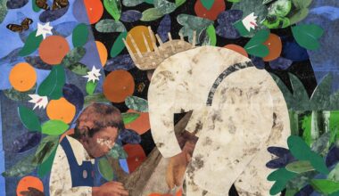 a collage by clotilde jimenez of a child and adult harvesting oranges