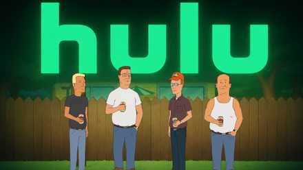 King of the Hill sitcom characters with the Hulu logo behind them