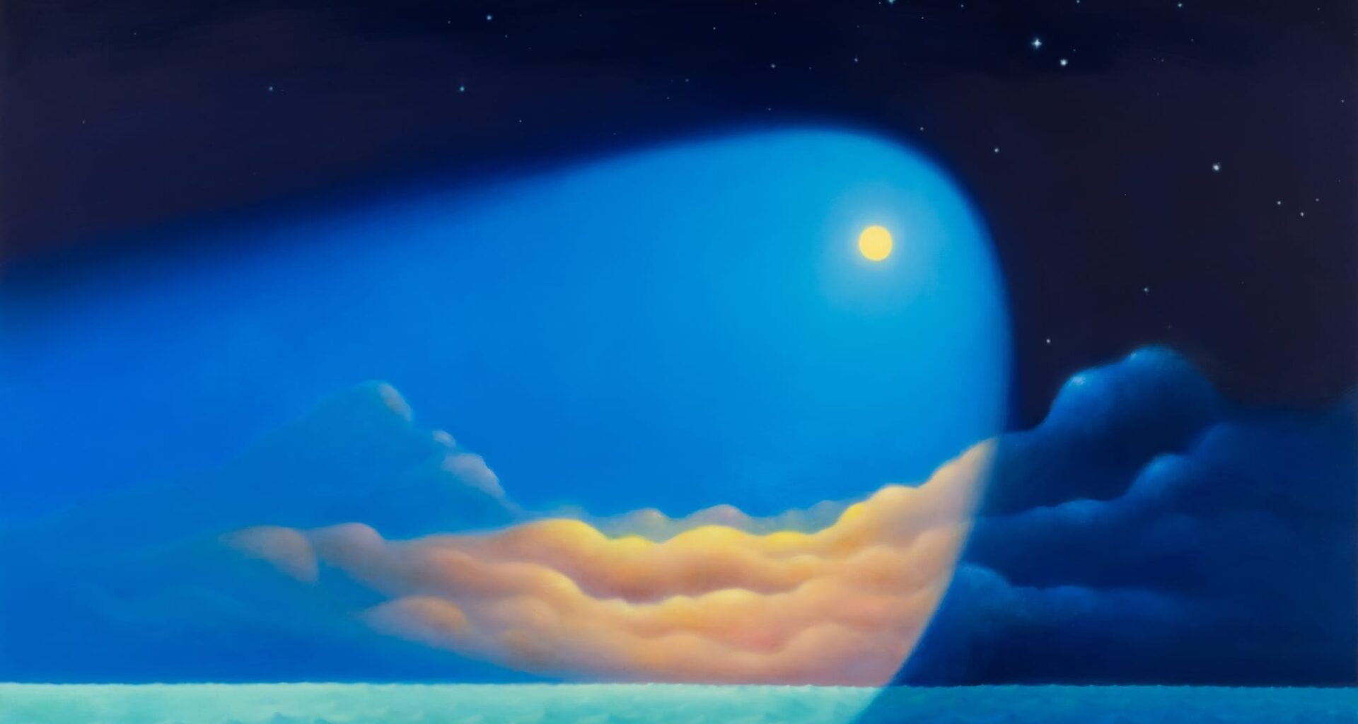 a landscape painting of a sea and clouds at night, with an unusually spotlike-like moon