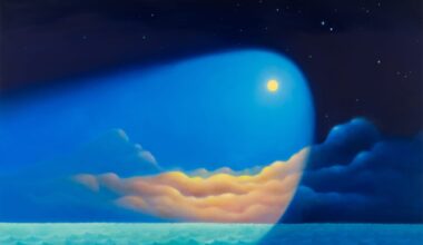 a landscape painting of a sea and clouds at night, with an unusually spotlike-like moon