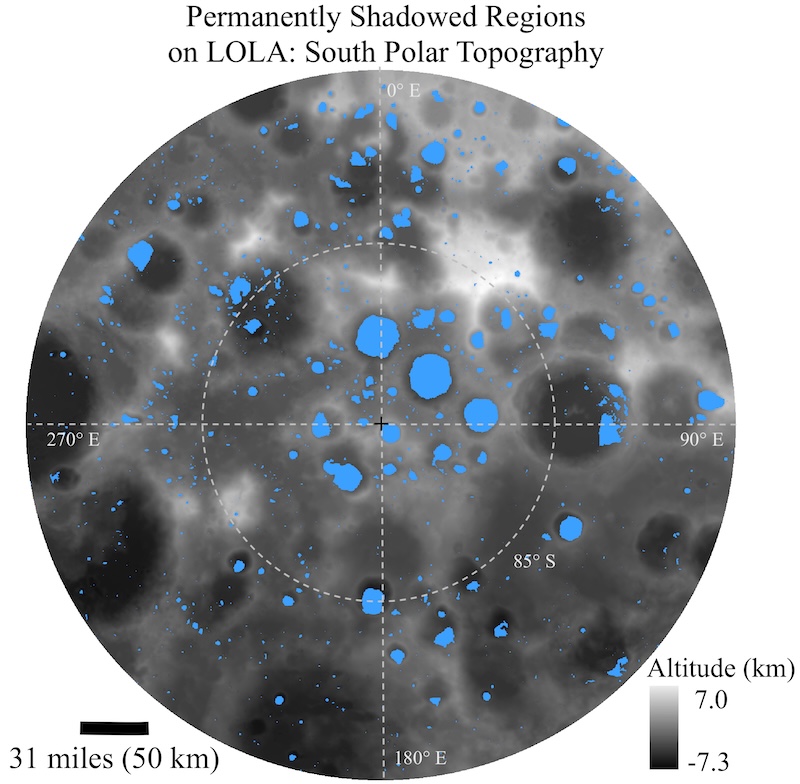 Water on the moon: Circle showing moon's surface in mottled gray with many small irregular blue spots.